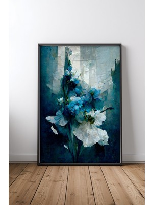 Keyf Home Blue Flower Bouquet Siyah Çerçeveli Mdf Tablo Poster Salon Duvar Dekoru Hediye