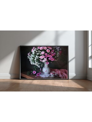 Keyf Home Pink Chrysanthemums Siyah Çerçeveli Mdf Tablo Poster Salon Duvar Dekoru Hediye