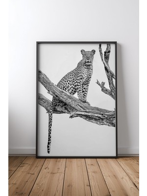 Keyf Home Leopard Portrait Mono Var Siyah Çerçeveli Mdf Tablo Poster Salon Duvar Dekoru Hediye