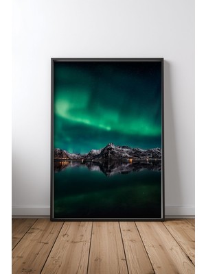 Keyf Home Lofoten Aurora Reflection Siyah Çerçeveli Mdf Tablo Poster Salon Duvar Dekoru Hediye
