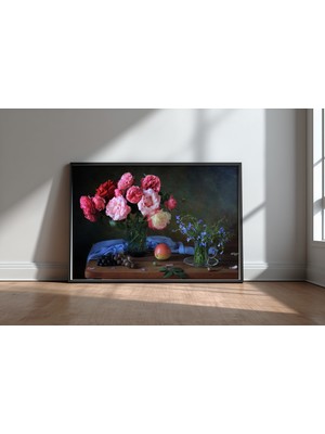 Keyf Home Pink Roses And Lobelia Siyah Çerçeveli Mdf Tablo Poster Salon Duvar Dekoru Hediye