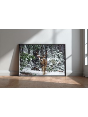 Keyf Home Snow Storm And Deer Siyah Çerçeveli Mdf Tablo Poster Salon Duvar Dekoru Hediye