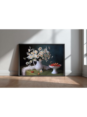Keyf Home White Daisies And Cherries Siyah Çerçeveli Mdf Tablo Poster Salon Duvar Dekoru Hediye