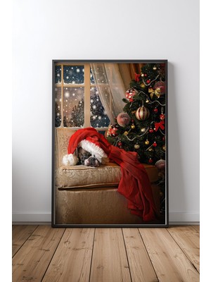 Keyf Home Waiting For Santa Siyah Çerçeveli Mdf Tablo Poster Salon Duvar Dekoru Hediye