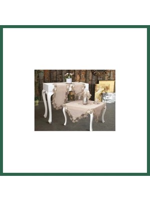 Vintessy Vıntessy Salon Takımı 5 Parça Keten Dantelli Masa Örtüsü Runner Seti Çeyizlik Flowers Model Kapiçino BZS01