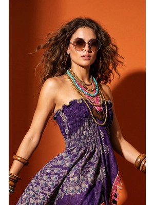 Fashion Cocktail Mistik Doğu Bohem Hint Işi Şal Desenli Püsküllü Hindistancevizi Aksesuarlı Bağlamalı Lastikli Simli Kumaş Straples Elbise