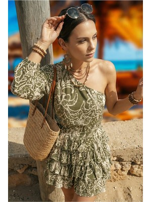 Fashion Cocktail Safari Tek Omuz Etnik Dokulu Hareketli Katlı Tatil Yaz Şifon Desenli Chic Bohem Mini Elbise