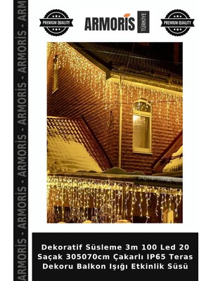 Armoris Dekoratif Süsleme 3m 100 LED 20 Saçak 305070CM Çakarlı IP65 Teras Dekoru Balkon Işığı Etkinlik Süsü