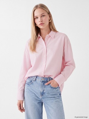 LC Waikiki Lcw Vision Pembe Çizgili Oversize Oxford Kadın Gömlek