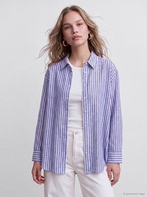 LC Waikiki Lcw Vision Mavi Çizgili Oversize Poplin Kadın Gömlek