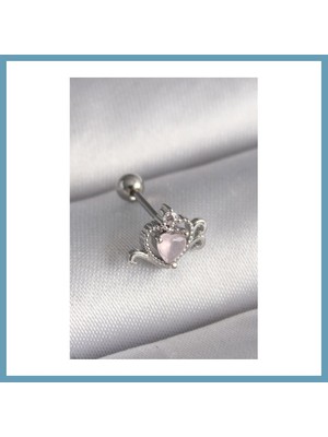 Bezos 316L Çelik Gümüş Renk Pembe Mineli Kalp Zirkon Taş Detay Tragus Piercing MBT06