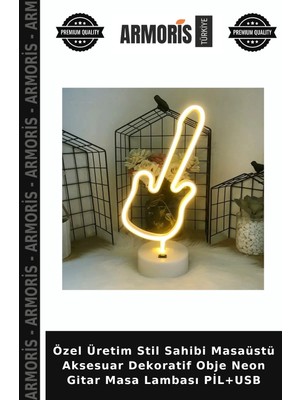 Armoris Özel Üretim Stil Sahibi Masaüstü Aksesuar Dekoratif Obje Neon Gitar Masa Lambası Pil+Usb