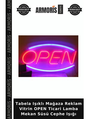 Armoris Tabela Işıklı Mağaza Reklam Vitrin Open Ticari Lamba Mekan Süsü Cephe Işığı