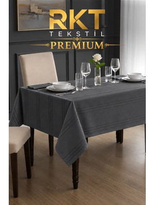 Rkt Tekstil Kalın Dokulu Polyester Leke Tutmaz Çizgi Desenli Masa Örtüsü Antrasit Renk