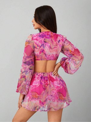 Fashion Cocktail Derin Dekolteli Bağlamalı Uzun Kollu Şirin Astarı Şortlu Bağlamalı Tulum