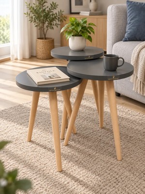 Seven Madame 3'lü Yuvarlak Zigon ve Yan Sehpa Takımı 43-46-49 Cm Antrasit Ahşap Ayaklı