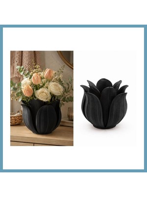 Bezos 3D Baskı Lotus Yapraklı Vazo - Dekoratif Çiçeklik-Siyah MBT06