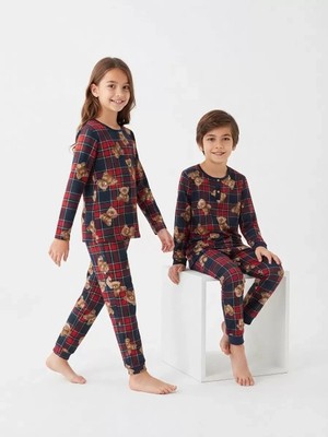 DMR Elegance 6/14 Yaş Ekose Ayıcık Baskılı Pamuk Penye Çocuk Pijama Takımı
