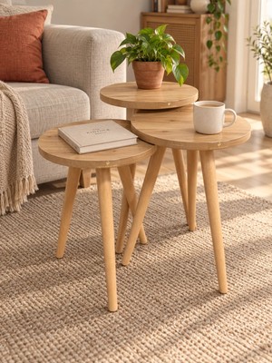 Seven Madame 3'lü Yuvarlak Zigon ve Yan Sehpa Takımı 43-46-49 cm Meşe - Ahşap Ayaklı