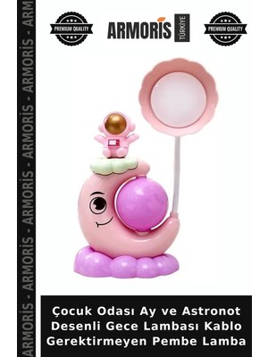 Armoris Çocuk Odası Ay ve Astronot Desenli Gece Lambası Kablo Gerektirmeyen Pembe Lamba