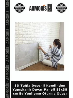 Armoris 3D Tuğla Desenli Kendinden Yapışkanlı Duvar Paneli 58X38 cm Ev Yenileme Oturma Odası