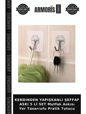 Armoris Kendınden Yapışkanlı Şeffaf Askı 5 Li Set Mutfak Askısı Yer Tasarrufu Pratik Tutucu