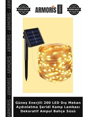 Armoris Güneş Enerjili 200 LED Dış Mekan Aydınlatma Şeridi Kamp Lambası Dekoratif Ampul Bahçe Süsü