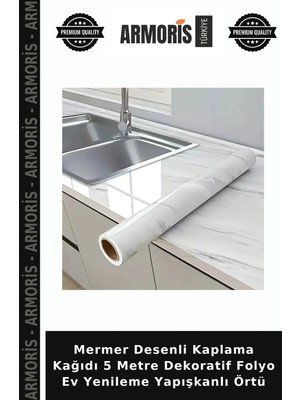 Armoris Mermer Desenli Kaplama Kağıdı 5 Metre Dekoratif Folyo Ev Yenileme Yapışkanlı Örtü