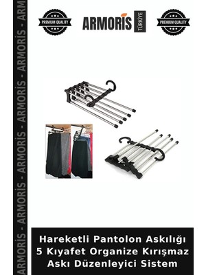 Armoris Hareketli Pantolon Askılığı 5 Kıyafet Organize Kırışmaz Askı Düzenleyici Sistem