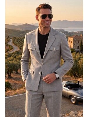 RizzUP Erkek Gri Safari Ceketli Slim Fit 2'li Takım Elbise – Pileli Duble Paça Pantolon 2600723