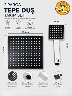 Elarque Tek Fonksiyonlu Siyah Kare Duş Başlığı Set