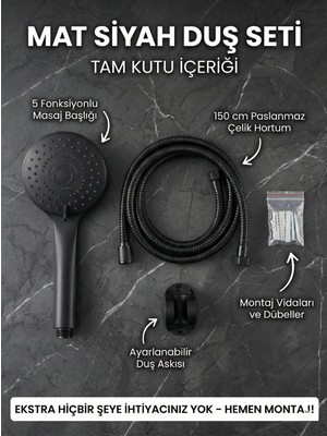 Elarque Mat Siyah 4 Fonksiyonlu Masajlı Duş Seti + 150CM Hortum + Askı