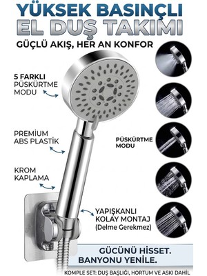 Elarque Yüksek Basınçlı Yapışkanlı Mafsallı Duş Seti Takımı