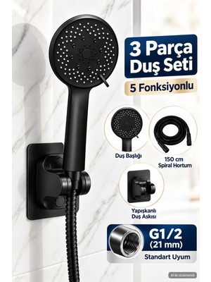 Elarque Altıgen 5 Fonksiyonlu Siyah Duş Başlığı Seti 150 cm Spiral Hortum Yapışkanl