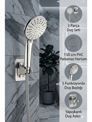 Elarque 5 Fonksiyonlu Büyük Boy Krom Duş Başlığı 150CM Hortumlu Duş Seti