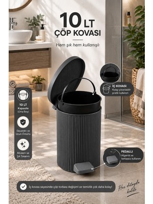 Elarque 0706 Still 10 Litre Pedallı Iç Kovalı Çöp Kovası – Antrasit Yuvarlak Banyo