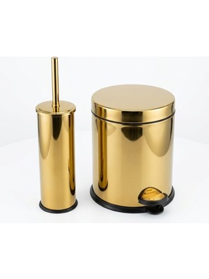 Elarque 5 Litre Gold Banyo Seti Paslanmaz Pedallı Çöp Kovası ve Klozet Firçası Altı