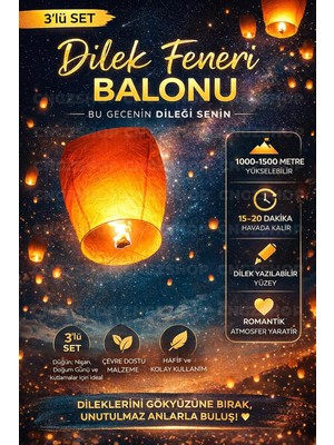 Royal Rain Store 3 Adet Dilek Feneri Balonu, Özel Anlarını Gökyüzüne Taşı, 1000-1500 Metre Yükseklik, 15-20 Dakika Havada Kalır