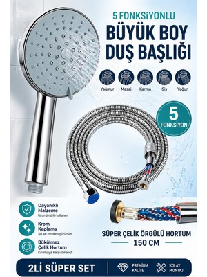 Elarque 5 Fonksiyonlu Büyük Boy Duş Başlığı + 150 cm Duş Hortumu Takımı