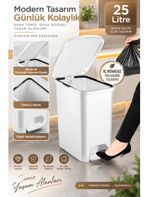 Elarque Slim Pedallı Banyo Mutfak Çöp Kovası(Iç Kovasız) - 25 Litre - Beyaz