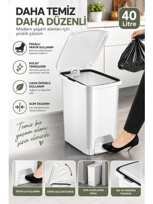 Elarque Slim Pedallı Banyo Mutfak Çöp Kovası - 40 Litre - Beyaz