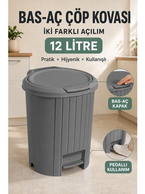 Elarque 12 Litre Bas-Aç Kapaklı ve Pedallı Çöp Kovası Mutfak Banyo Poşet Sabitleyic
