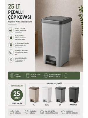 Elarque 25 Lt Pedallı Çöp Kovası Kilitli Kapaklı Banyo Mutfak Ofis Çöp Kutusu Gri