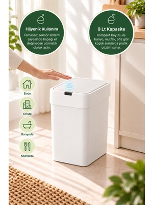 Elarque 9 Lt Sensörlü Akıllı Çöp Kovası Temassız Otomatik Kapaklı Hijyenik Banyo Mu