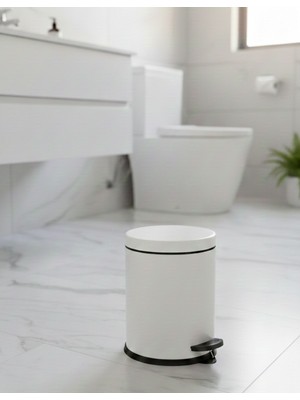 Elarque Banyo Tuvalet Balkon Mutfak, Beyaz Renkli Pedallı Metal Çöp Kovası 3 Litre