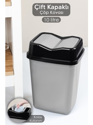 Elarque 10 Litre Çift Kapaklı Plastik Çöp Kovası - Ev Ofis Banyo Mutfak Çöp Kovası