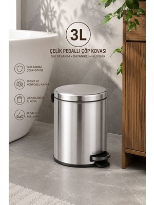 Elarque 3 Lt Paslanmaz Çelik Pedallı Çöp Kovası Banyo Tuvalet Ofis Krw-18