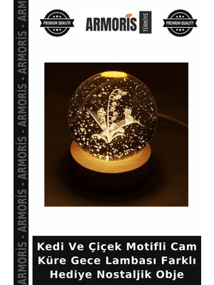 Armoris Kedi ve Çiçek Motifli Cam Küre Gece Lambası Farklı Hediye Nostaljik Obje
