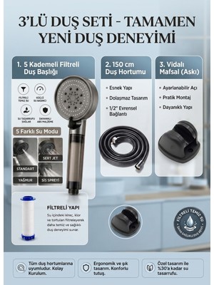 Elarque 3'lü Banyo Duş Seti - Filtreli Duş Başlığı, 150 cm Hortum ve Askı