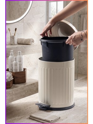 Elarque Vintage 5 Lt Yavaş Kapanır Kapaklı Ofis Mutfak Banyo Balkon Çöp Kovası Krem